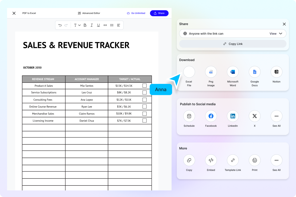 Free AI Convert PDF to Excel Editor, Free Convert PDF Tables to Excel PDF Online